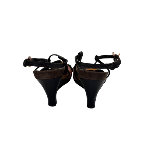 Aerosoles Wedge Sandals 8.5 Black Brown Orange Croc Embossed Leather Straps - Picture 7 of 8